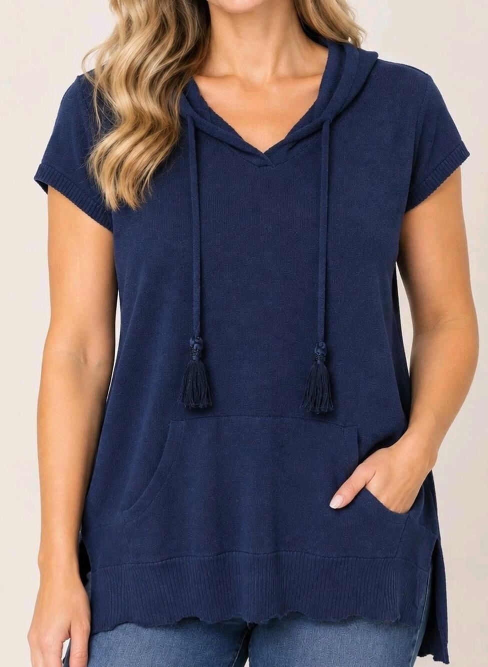 Belle By Kim Gravel Size XS Navy Pullover Hooded Sweater With Tassel Trim NWOT